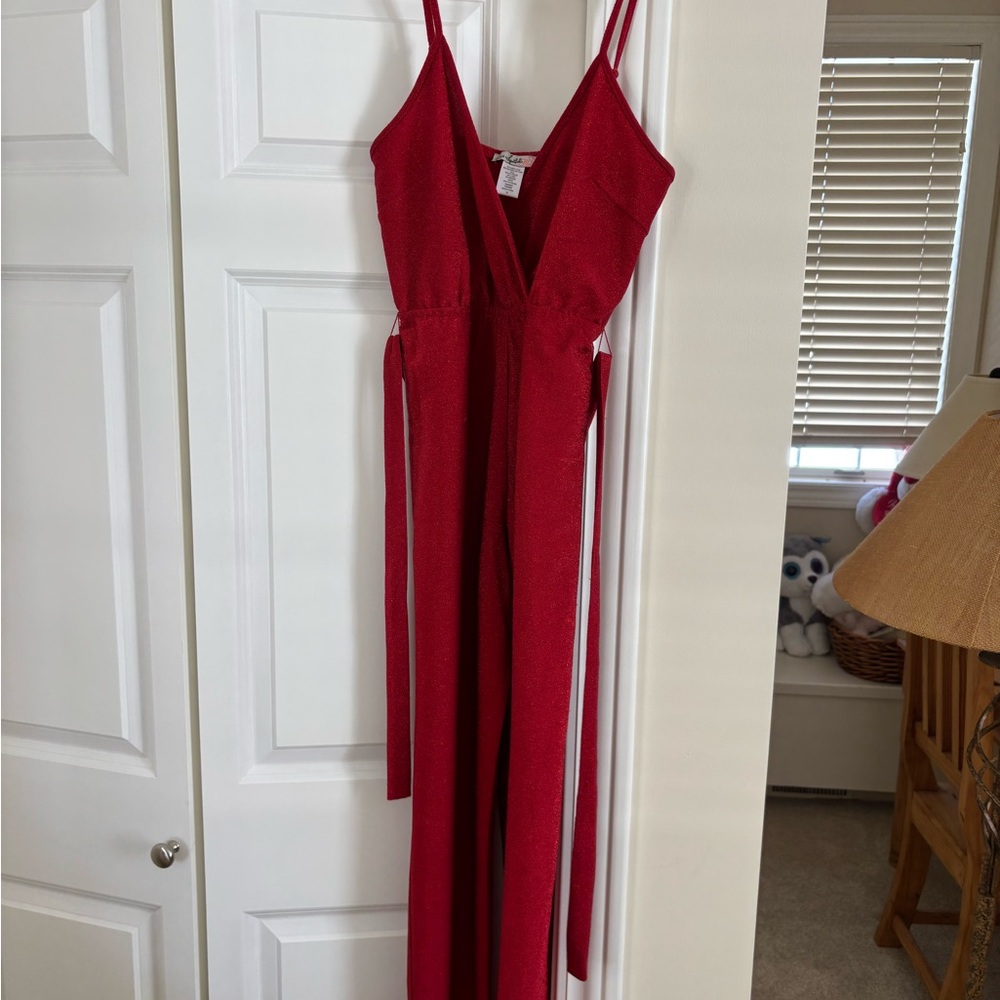 Red Spaghetti-Strap V-Neck Jumpsuit